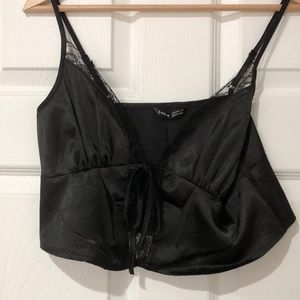 Lace Trim Knot Front Peplum Satin Cami Top